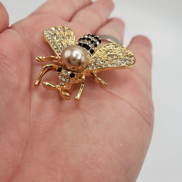 Cute Silver and Black Rhinestone Honey Bee Brooch 1" Lapel Pin Bag Beekeeper - Picture 5 of 6